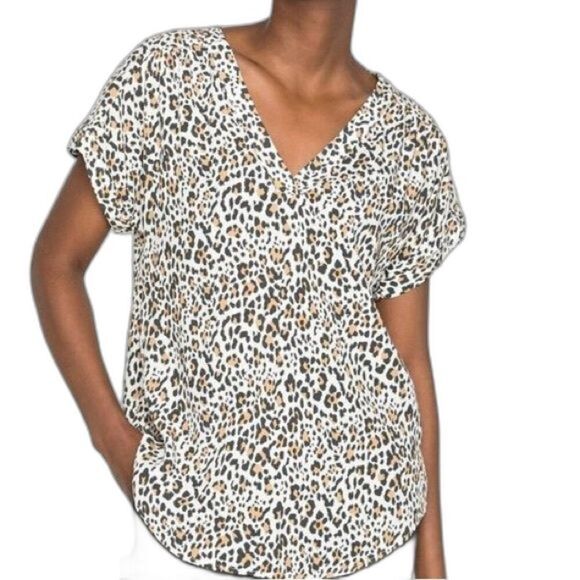 Gap Low Cut V-Neck‎ Loose Fit Animal Print Women’s Short Sleeve Cuff Blouse Xl - Picture 12 of 16